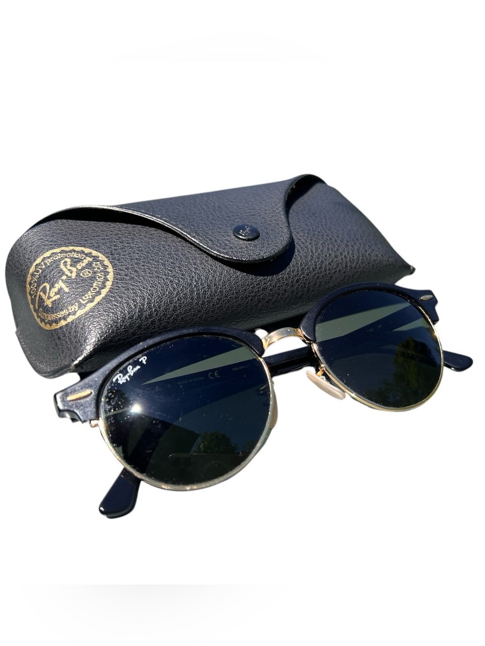 Ray-Ban Polarized Club Round RB4246 - Black Frames, Gold Accents, Green Lenses